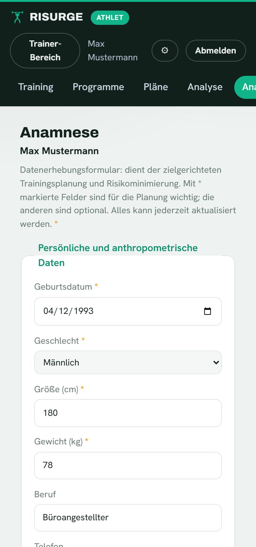 Der Anamnese-Screen von Risurge mit den Daten des Athleten