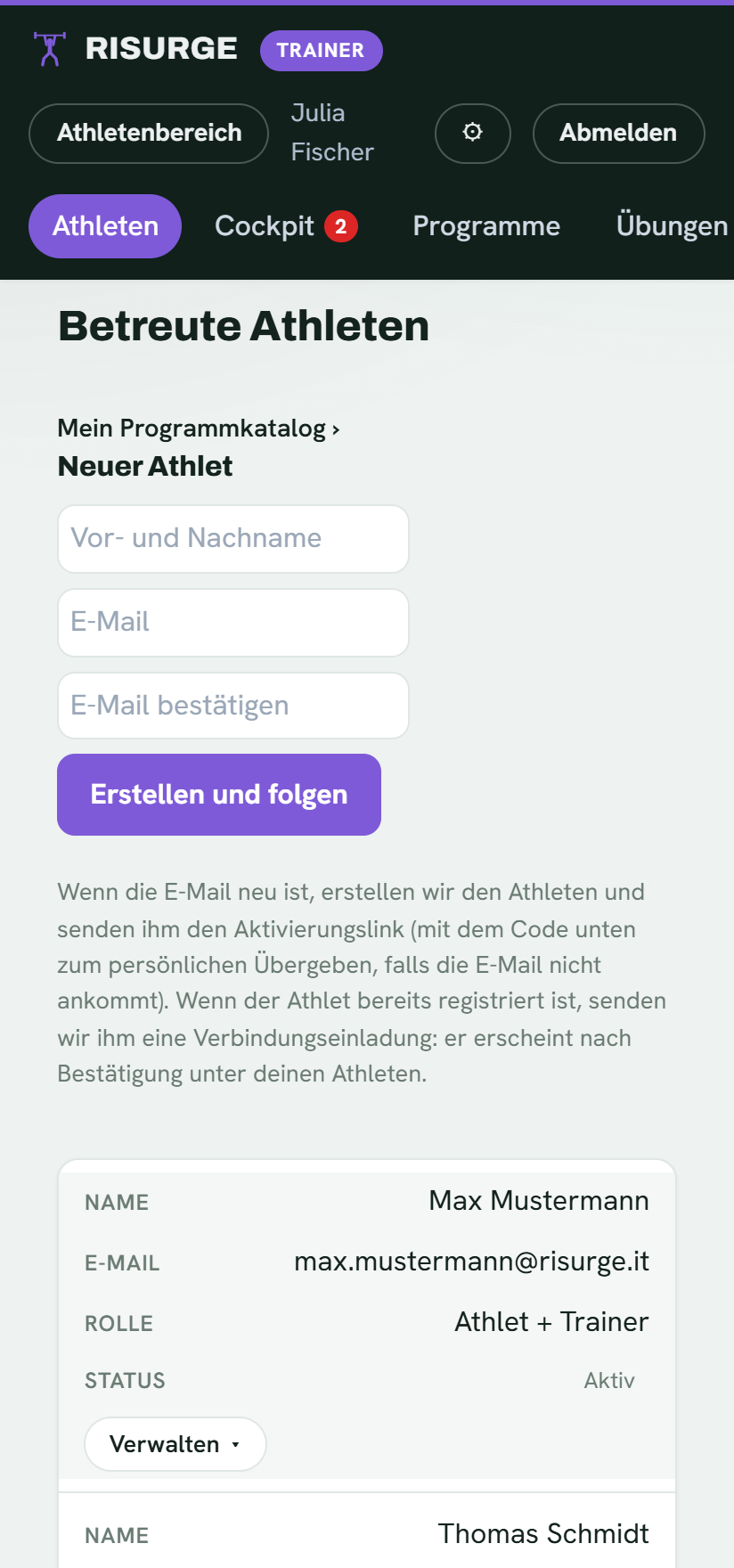 Die Verwaltung der betreuten Athleten in der Risurge Mobile-App