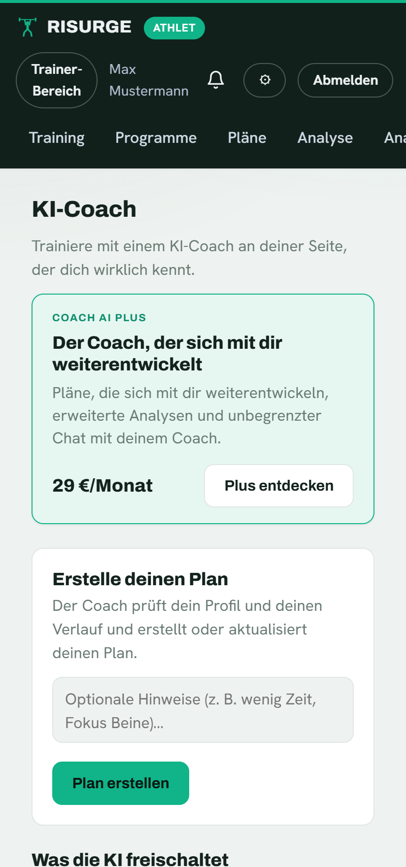 Der KI-Coach von Risurge: Eignung, Plangenerierung und Chat