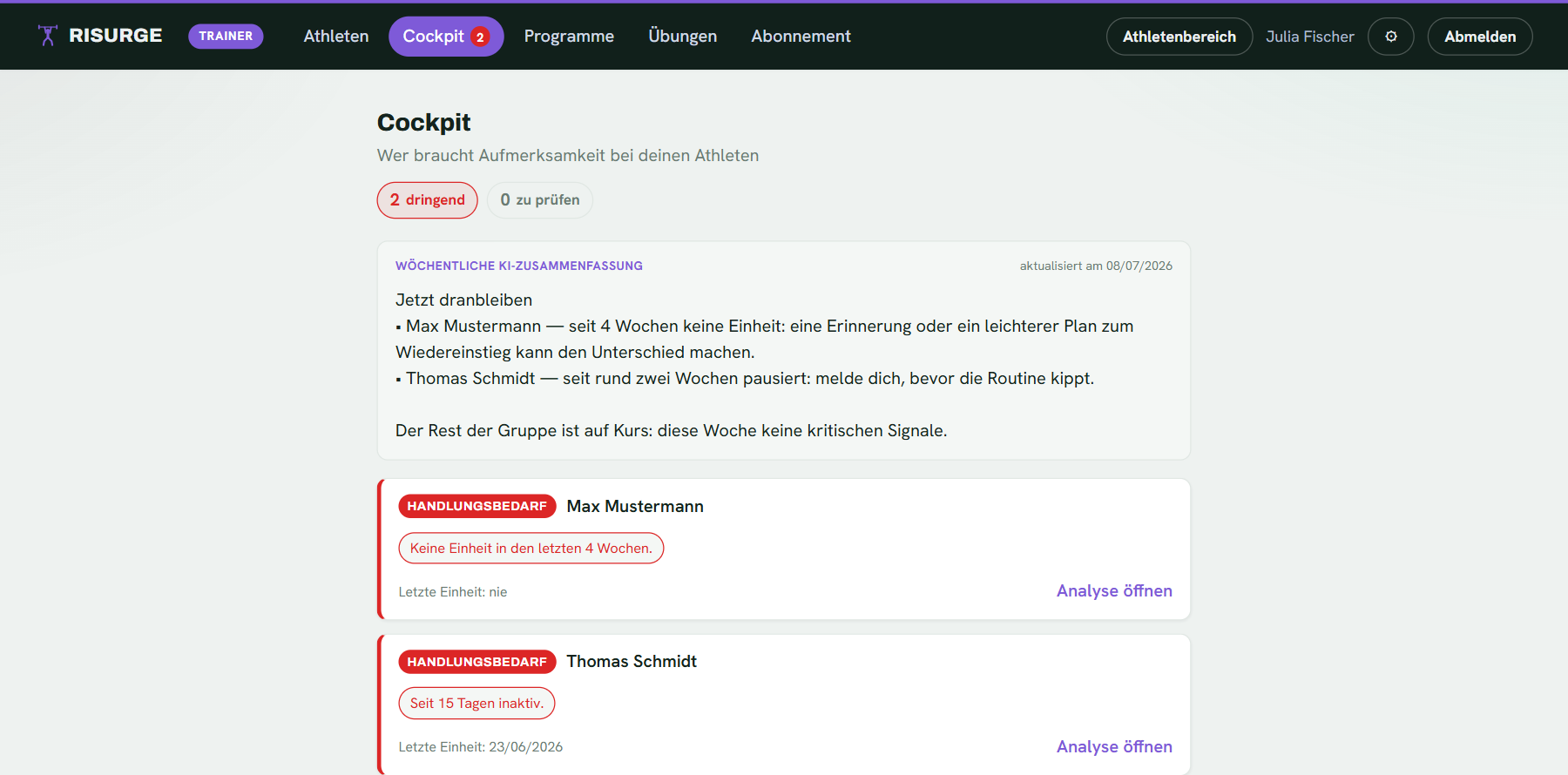 Der Trainer-Bereich von Risurge am Desktop: Verwaltung der betreuten Athleten, Pläne und Auswertungen
