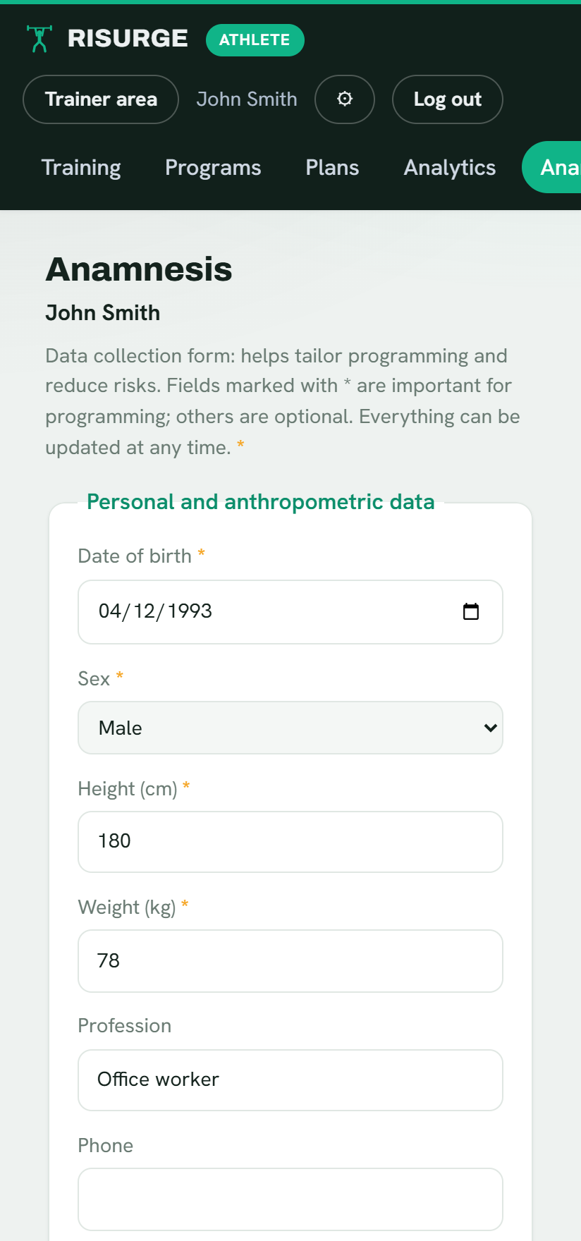 The Risurge health questionnaire screen with the athlete's data