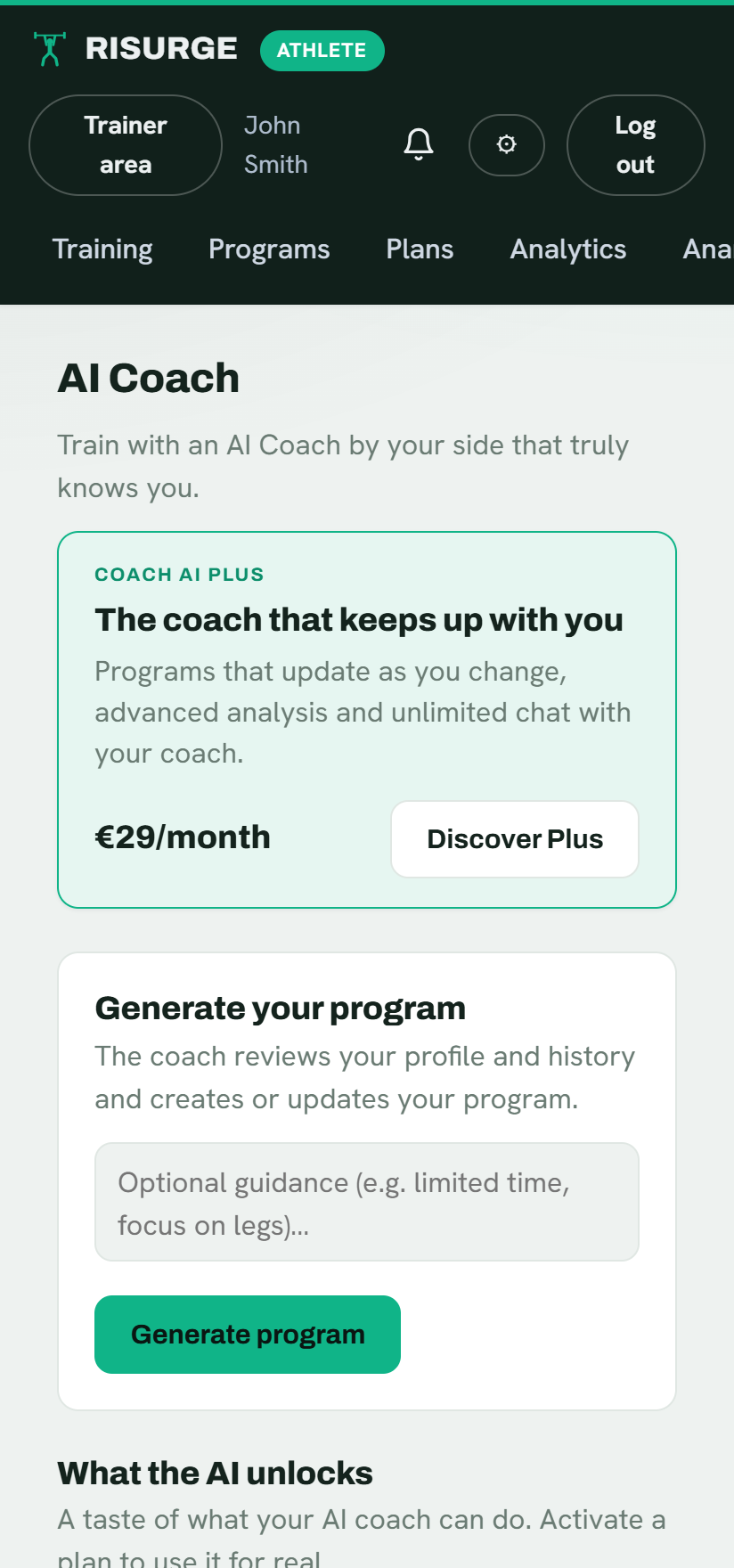 The Risurge AI Coach: eligibility, plan generation and chat
