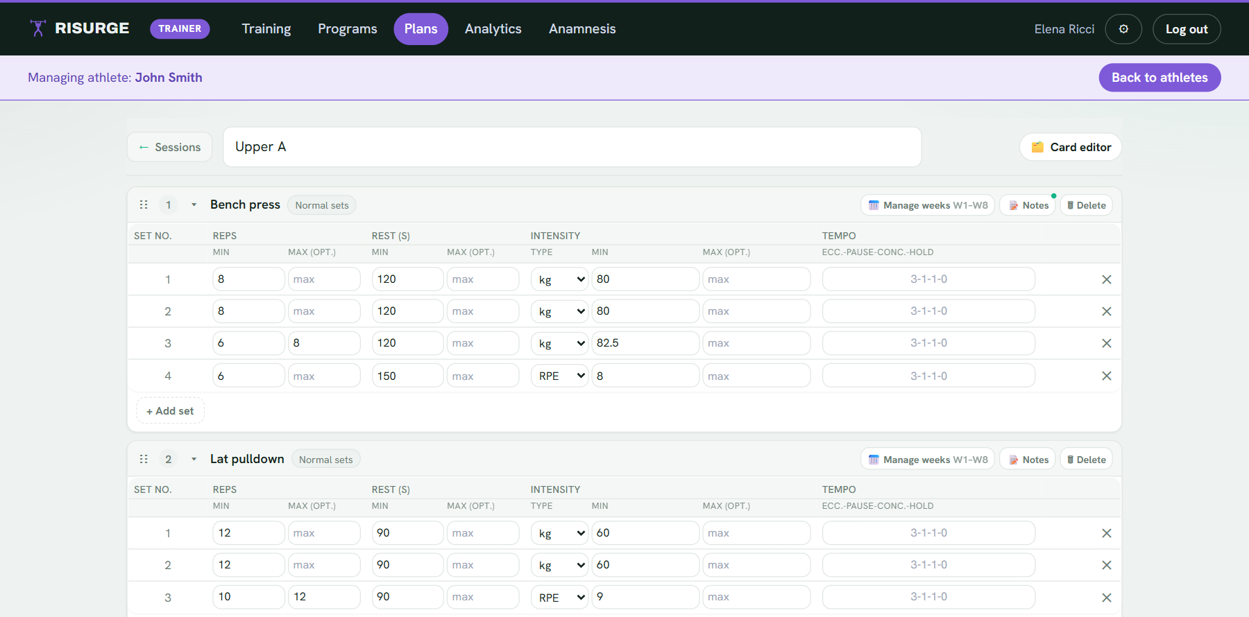 The Risurge grid editor on desktop: the whole session in a table with sets, rest, intensity and tempo.
