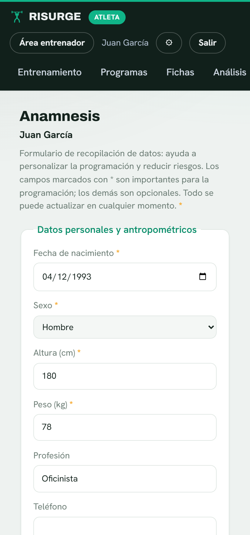 La pantalla de anamnesis de Risurge con los datos del atleta