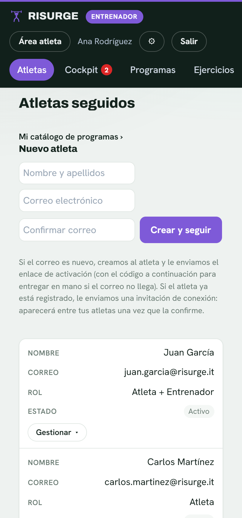 La gestión de los atletas seguidos por el entrenador en la app móvil de Risurge