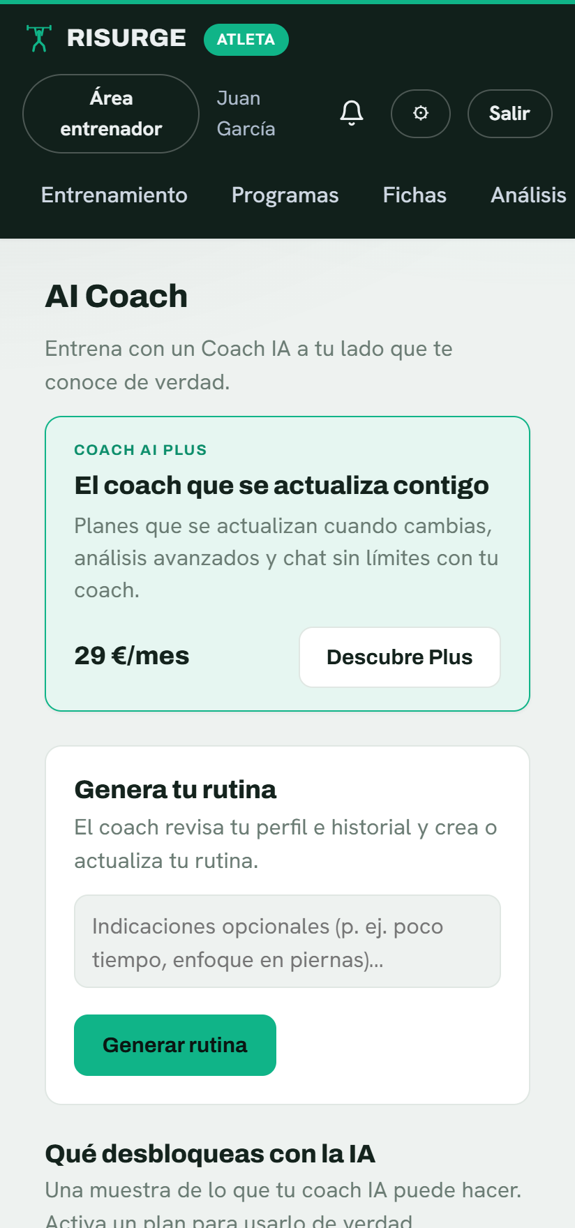 El Coach IA de Risurge: idoneidad, generación de rutina y chat