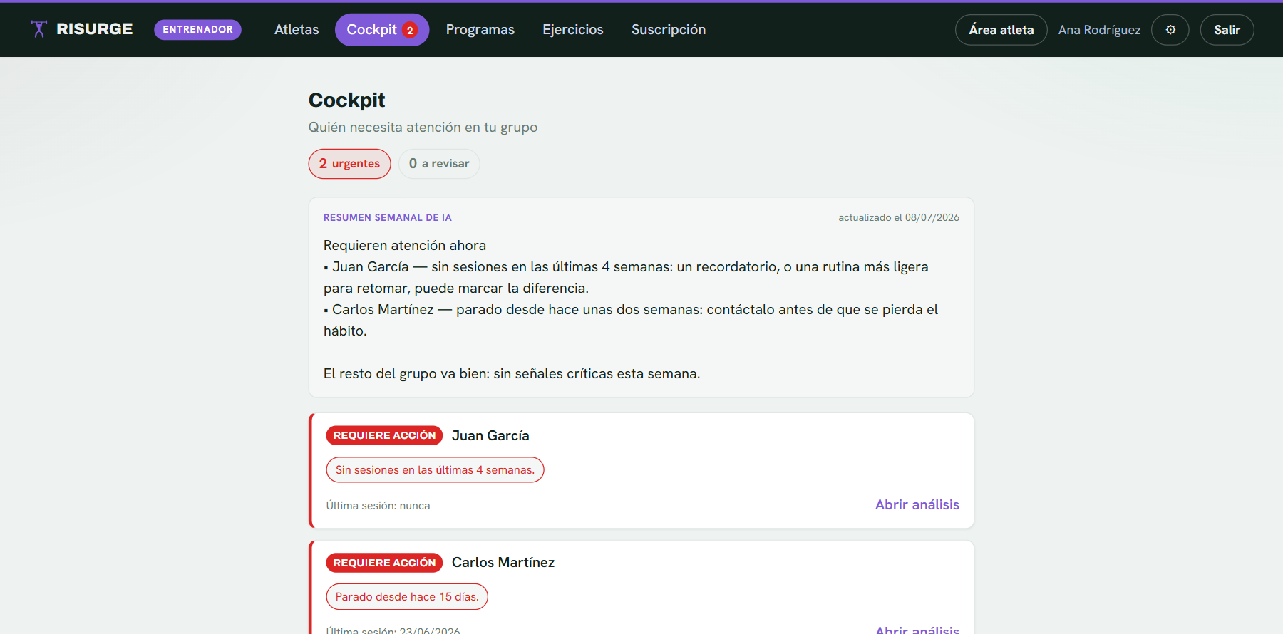 El área de entrenador de Risurge en escritorio: gestión de los atletas seguidos, rutinas y análisis