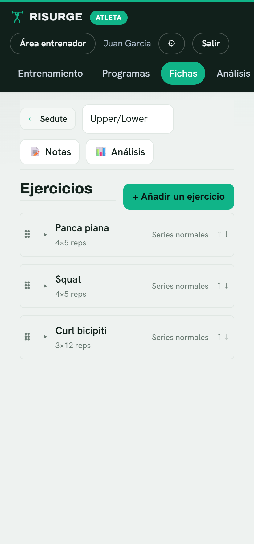 Editor de una rutina de entrenamiento en Risurge