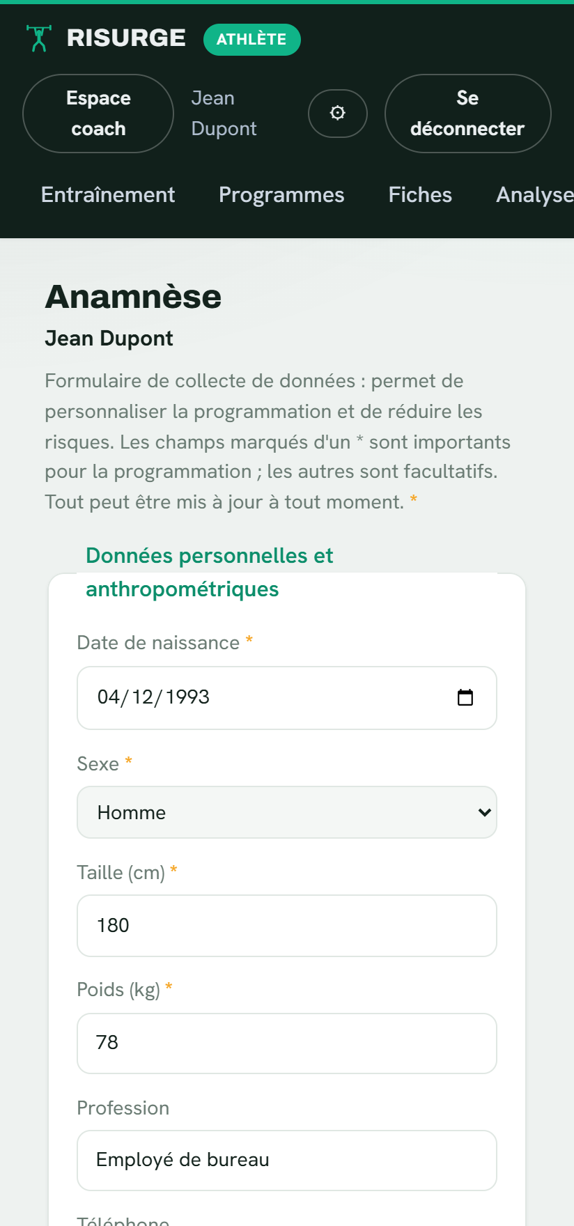 L'écran questionnaire de santé de Risurge avec les données de l'athlète