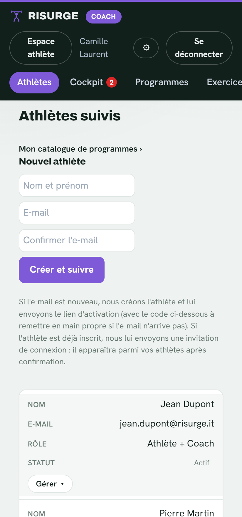 La gestion des athlètes suivis par le coach dans l’app mobile Risurge