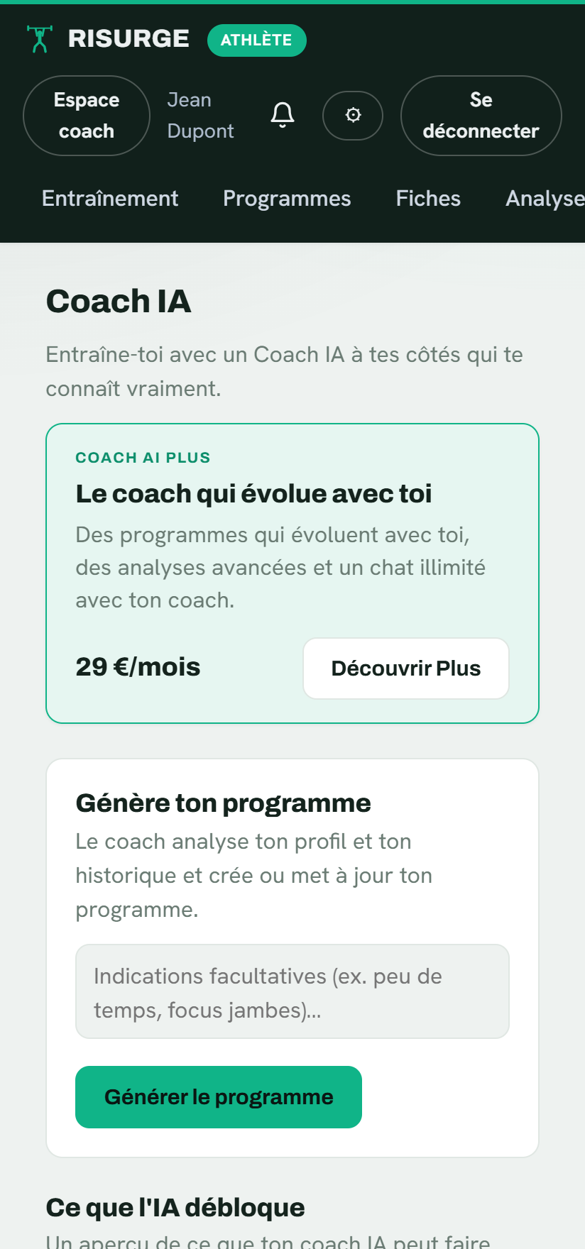 Le Coach IA de Risurge : éligibilité, génération de programme et chat