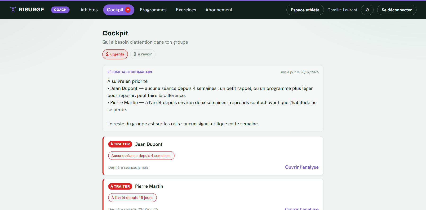 L’espace coach de Risurge sur ordinateur : gestion des athlètes suivis, programmes et analyses
