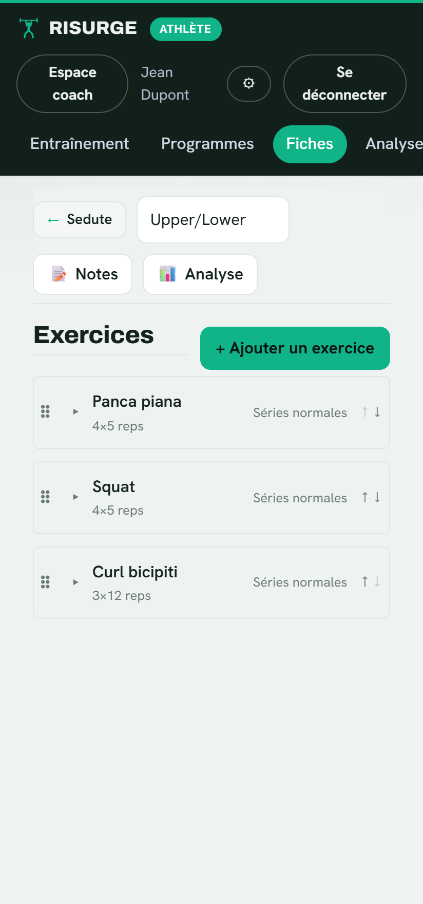 Édition d’un programme d’entraînement dans Risurge
