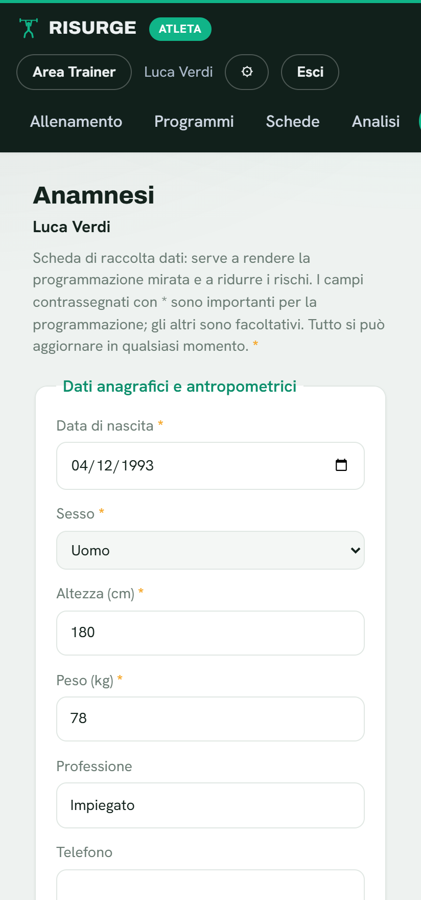La schermata anamnesi di Risurge con i dati dell'atleta