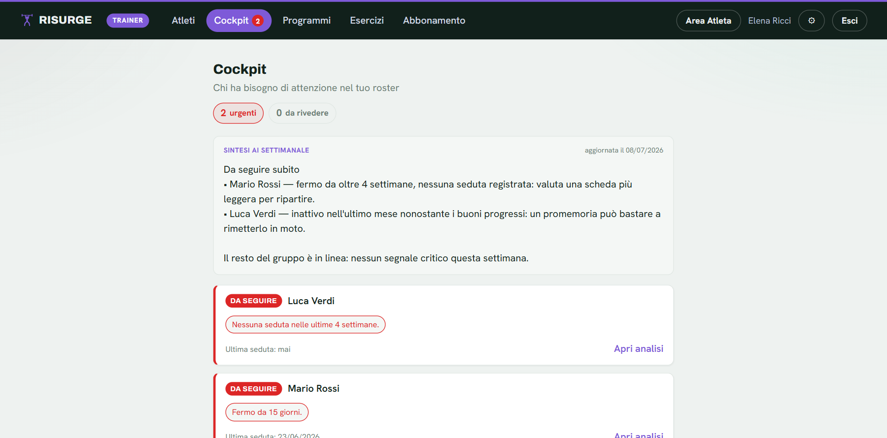 L'area trainer di Risurge su desktop: gestione degli atleti seguiti, schede e analisi