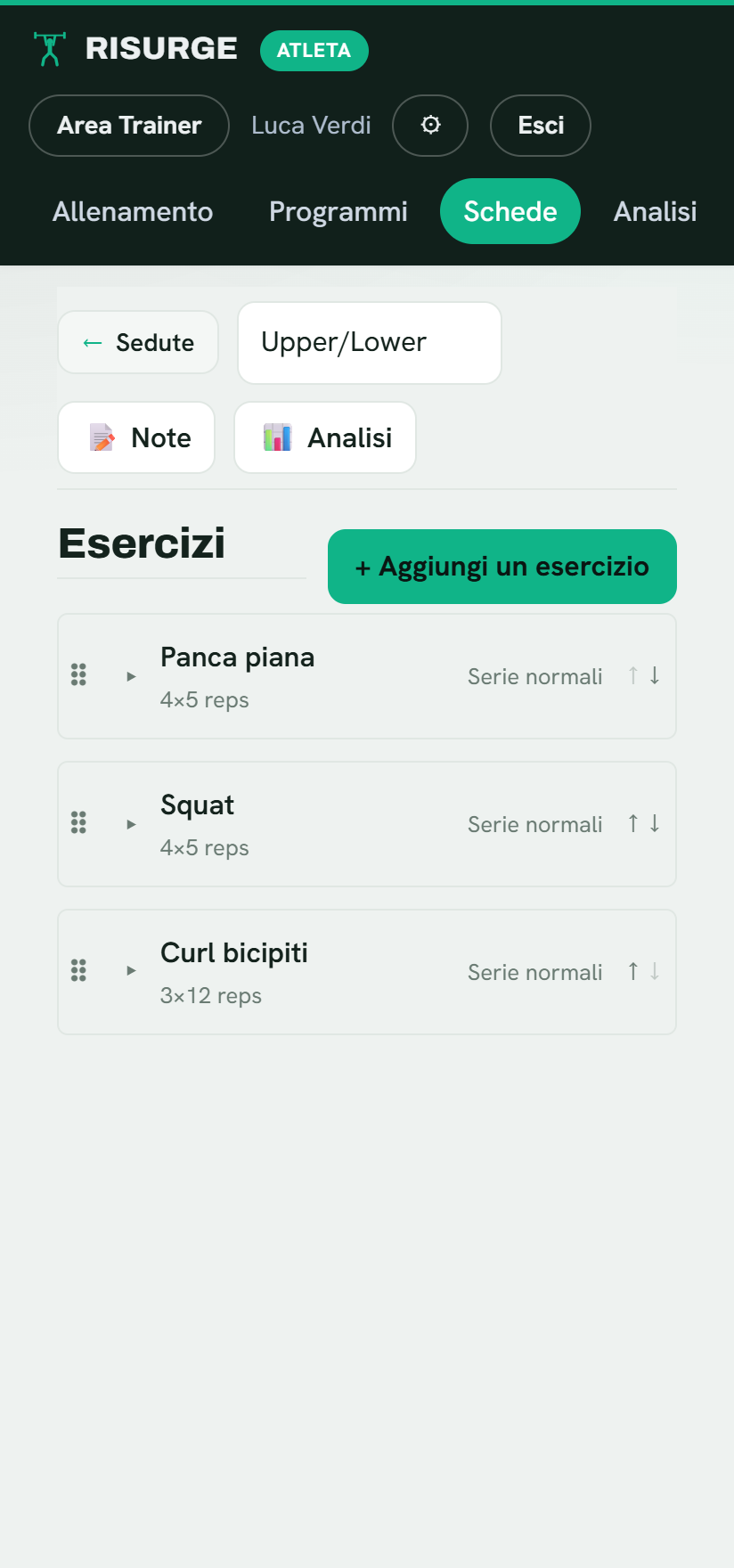 Editor di una scheda di allenamento in Risurge