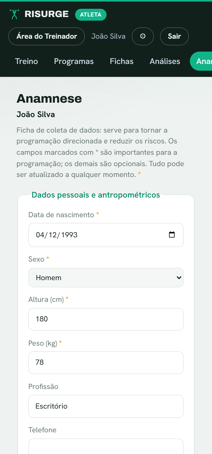 A tela de anamnese do Risurge com os dados do atleta