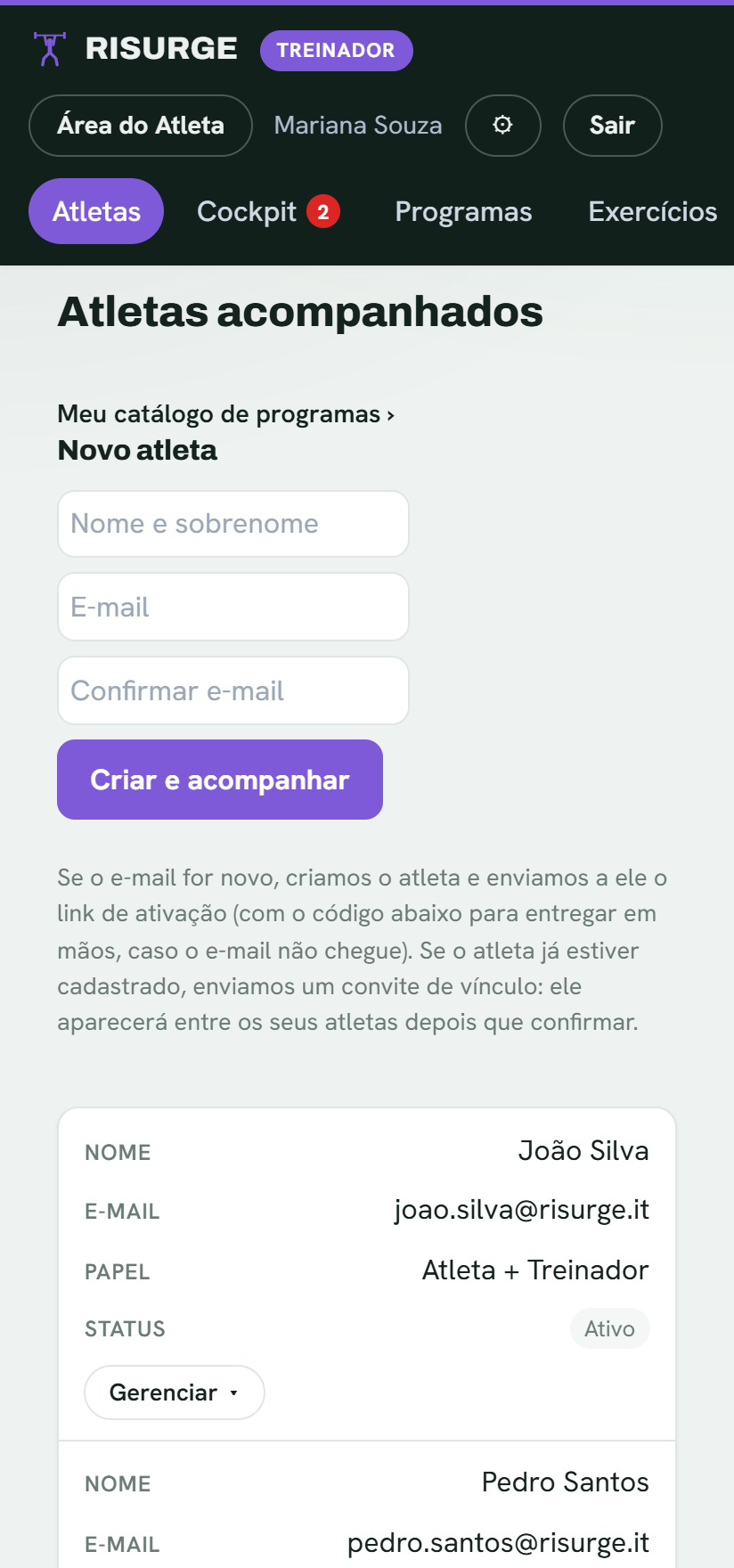 A gestão dos atletas acompanhados pelo treinador no app mobile do Risurge