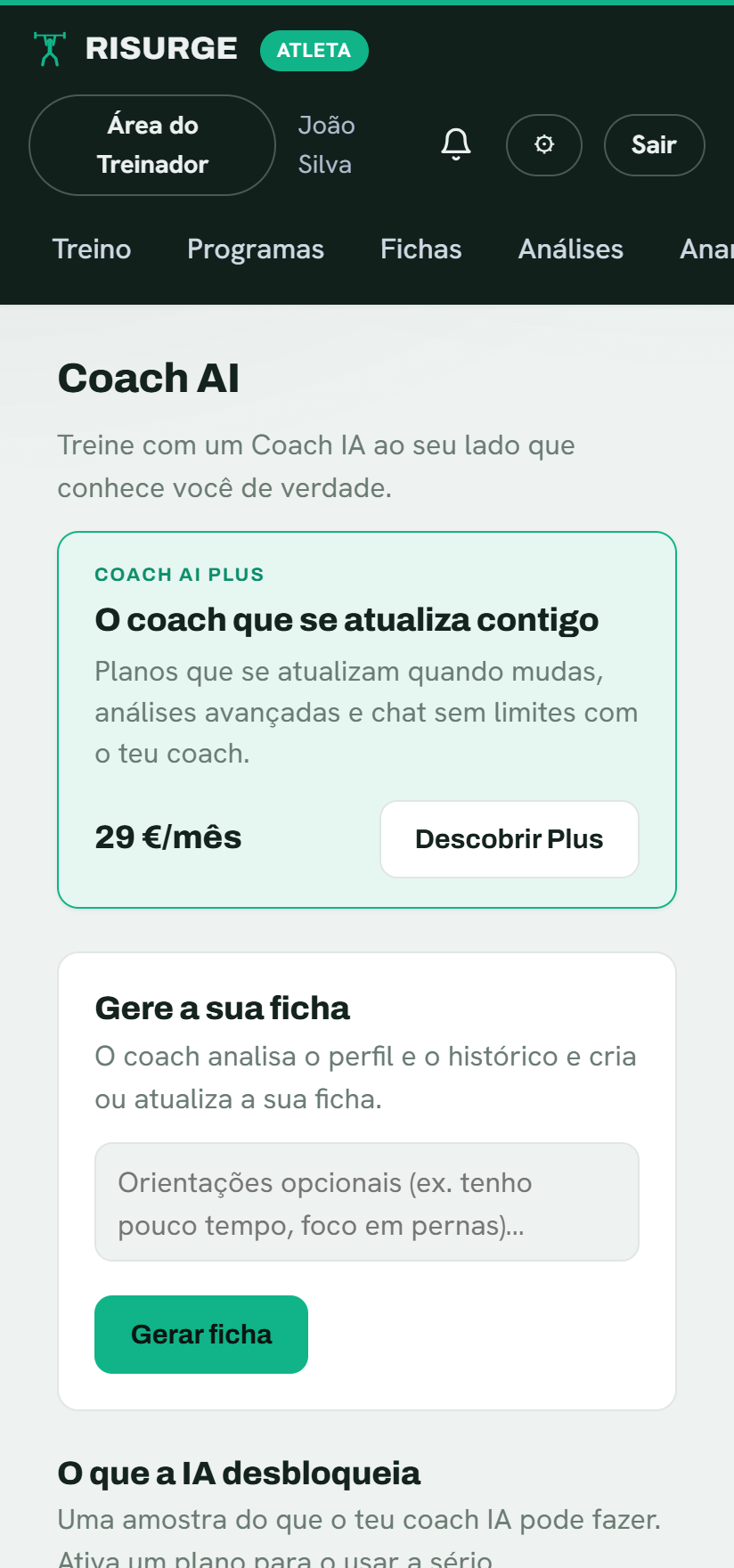O Coach IA do Risurge: aptidão, geração de ficha e chat