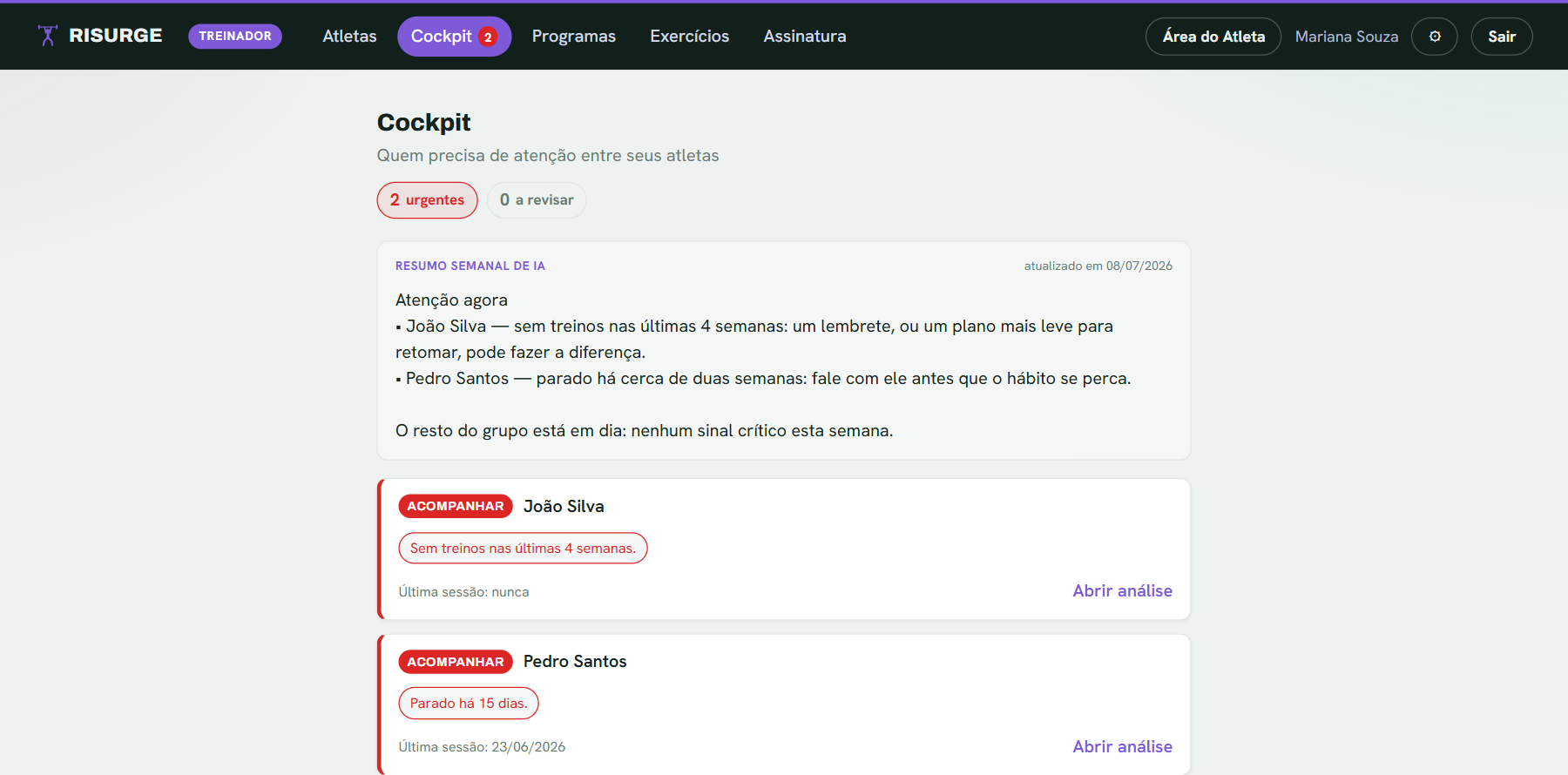 A área do treinador do Risurge no desktop: gestão dos atletas acompanhados, fichas e análises