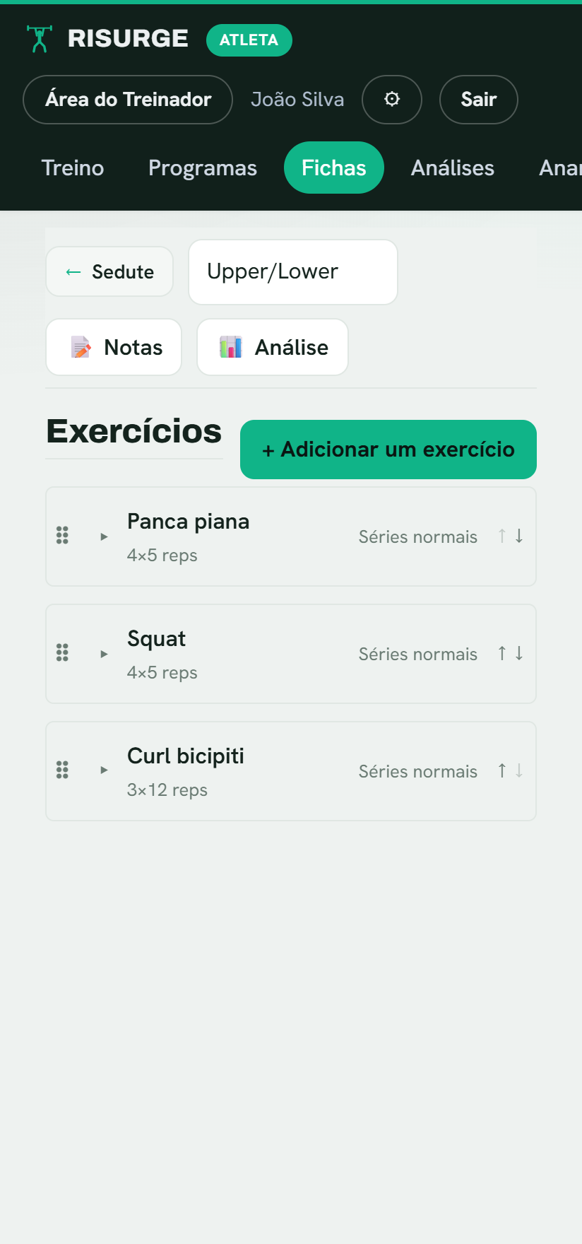 Edição de uma ficha de treino no Risurge